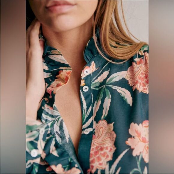 Sezane Chemise Chlo Dark Green Floral Blouse size 42/10 - Picture 2 of 12
